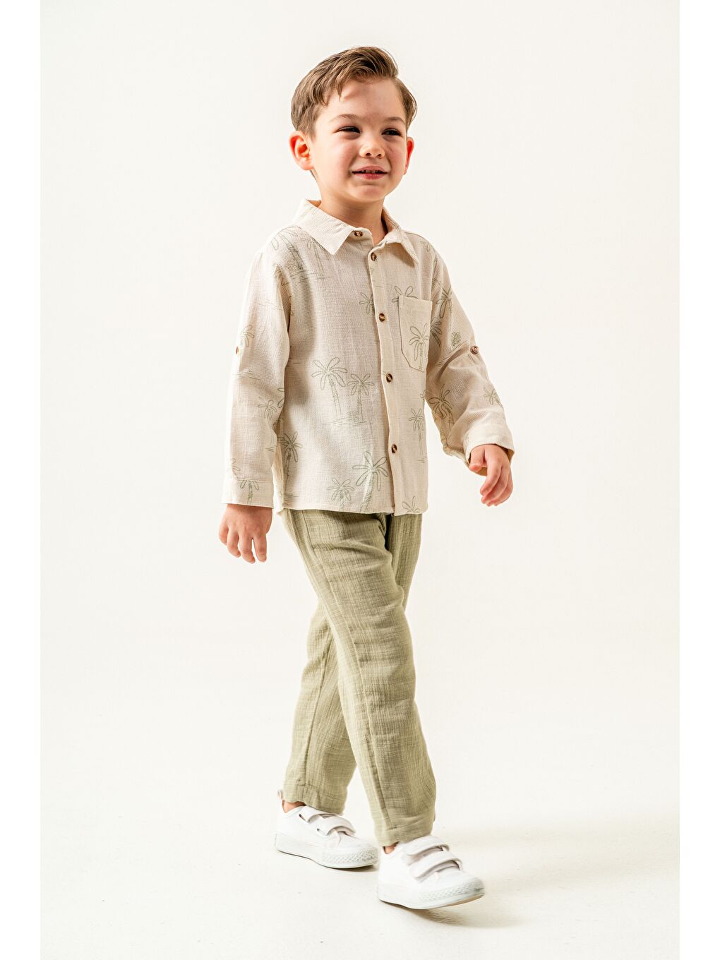 Yeşil Erkek Çocuk Keten Gömlek Müslin Pantolon Takım 2-5 Yaş-1