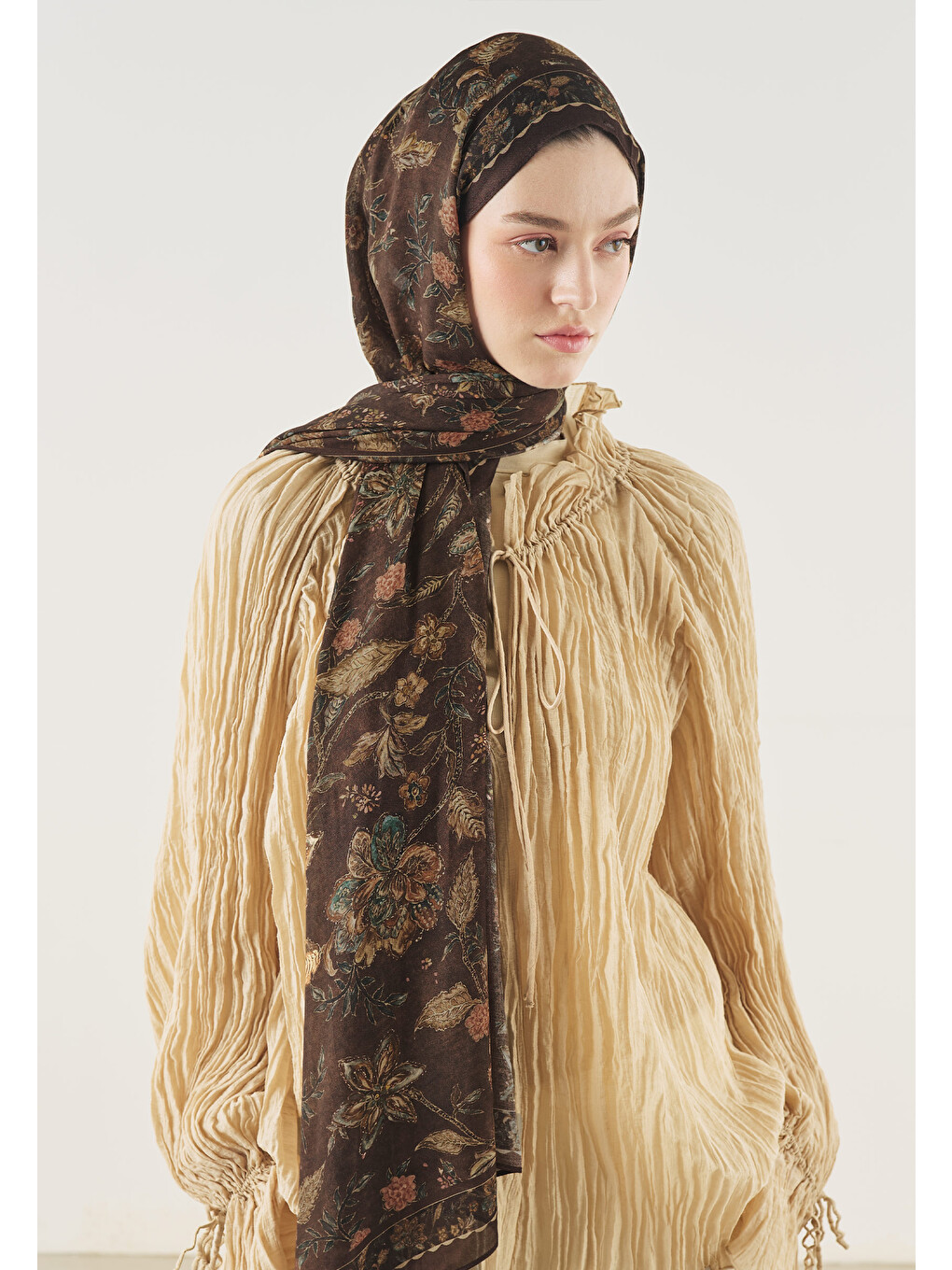 Kahverengi Ethnic Blossom Desen Soft Viskon Şal Çikolata Kahve-1