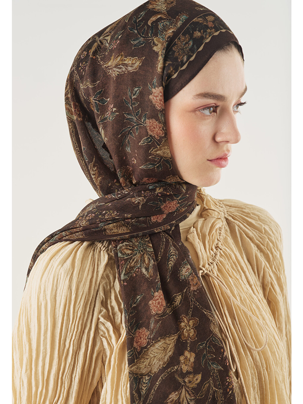 Kahverengi Ethnic Blossom Desen Soft Viskon Şal Çikolata Kahve-2
