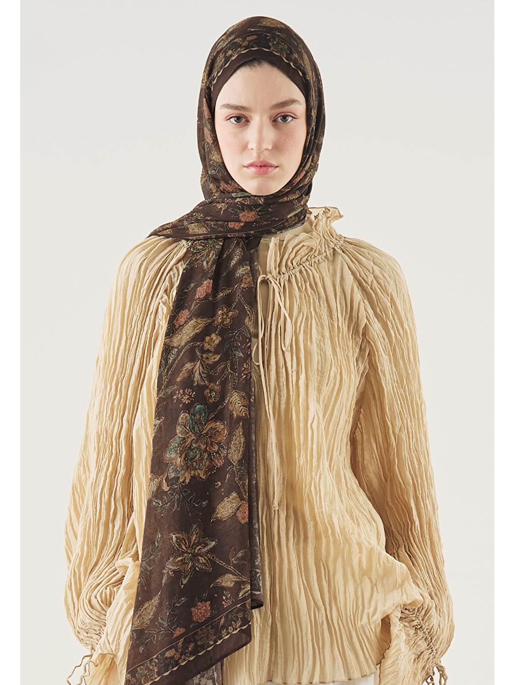 Kahverengi Ethnic Blossom Desen Soft Viskon Şal Çikolata Kahve-3