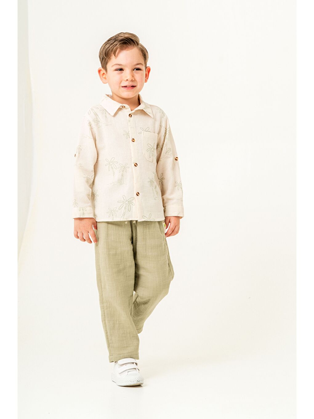 Yeşil Erkek Çocuk Keten Gömlek Müslin Pantolon Takım 2-5 Yaş-2