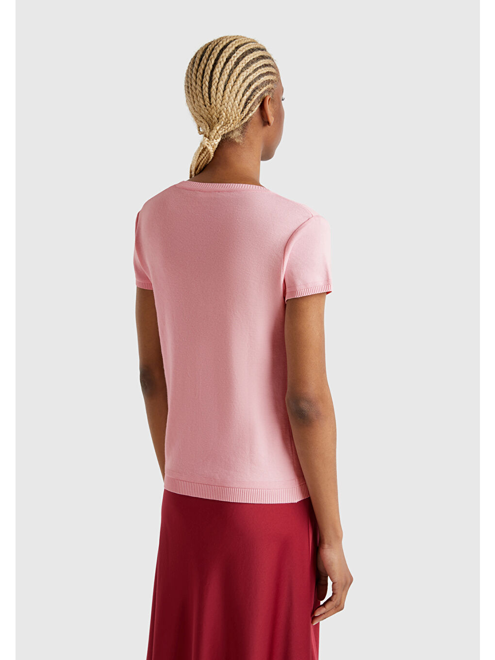 Pembe Kadın %100 Pamuk Bisiklet Yaka Kısa Kollu Kazak-2