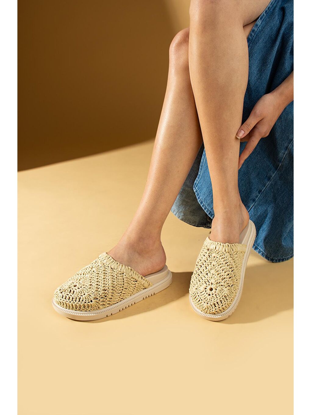 Bej Comfort Taban Hasır Örgü Detaylı Kadın Terlik 024-900-24Hasır-2