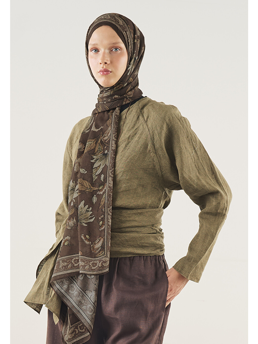 Kahverengi Pure Ethnic Desen Soft Viskon Şal Acı Kahve-1