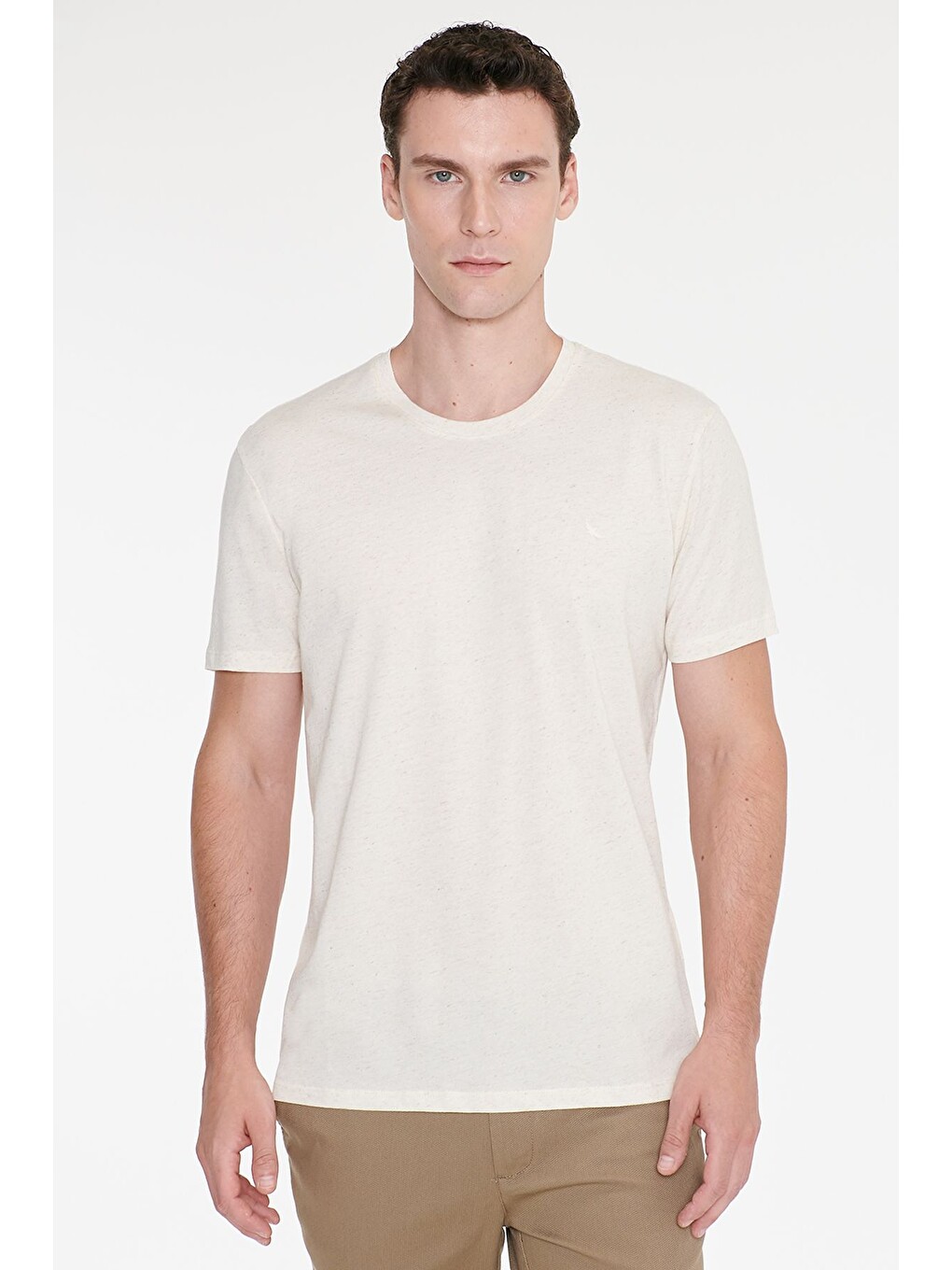 Erkek Bej Melanj Pamuklu Keten Slim Fit Dar Kesim Bisiklet Yaka Tişört