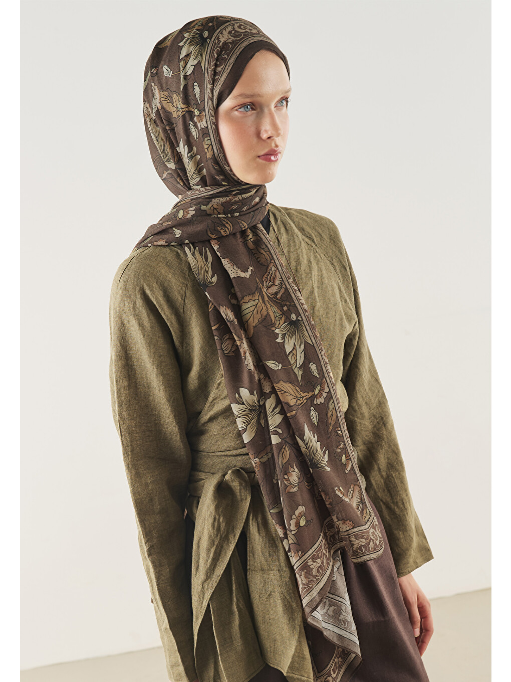 Kahverengi Pure Ethnic Desen Soft Viskon Şal Acı Kahve-2