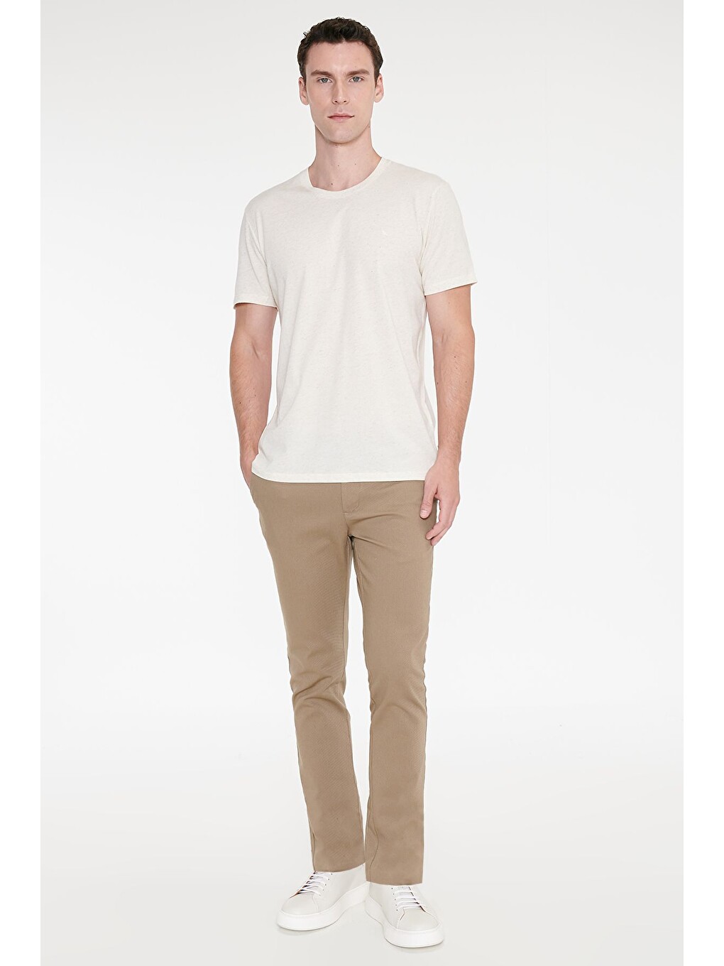 Erkek Bej Melanj Pamuklu Keten Slim Fit Dar Kesim Bisiklet Yaka Tişört-1