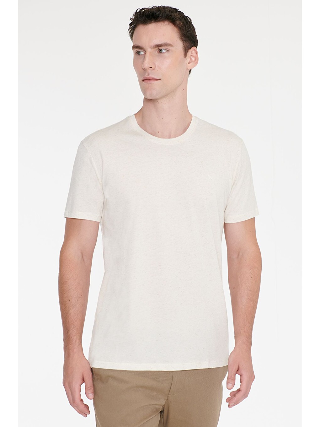 Erkek Bej Melanj Pamuklu Keten Slim Fit Dar Kesim Bisiklet Yaka Tişört-2