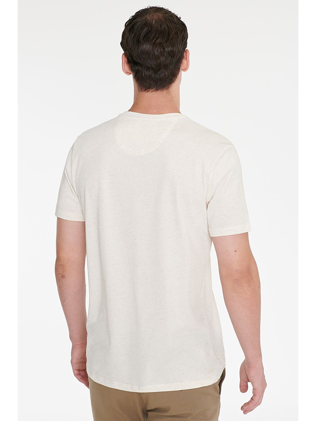 Erkek Bej Melanj Pamuklu Keten Slim Fit Dar Kesim Bisiklet Yaka Tişört-4