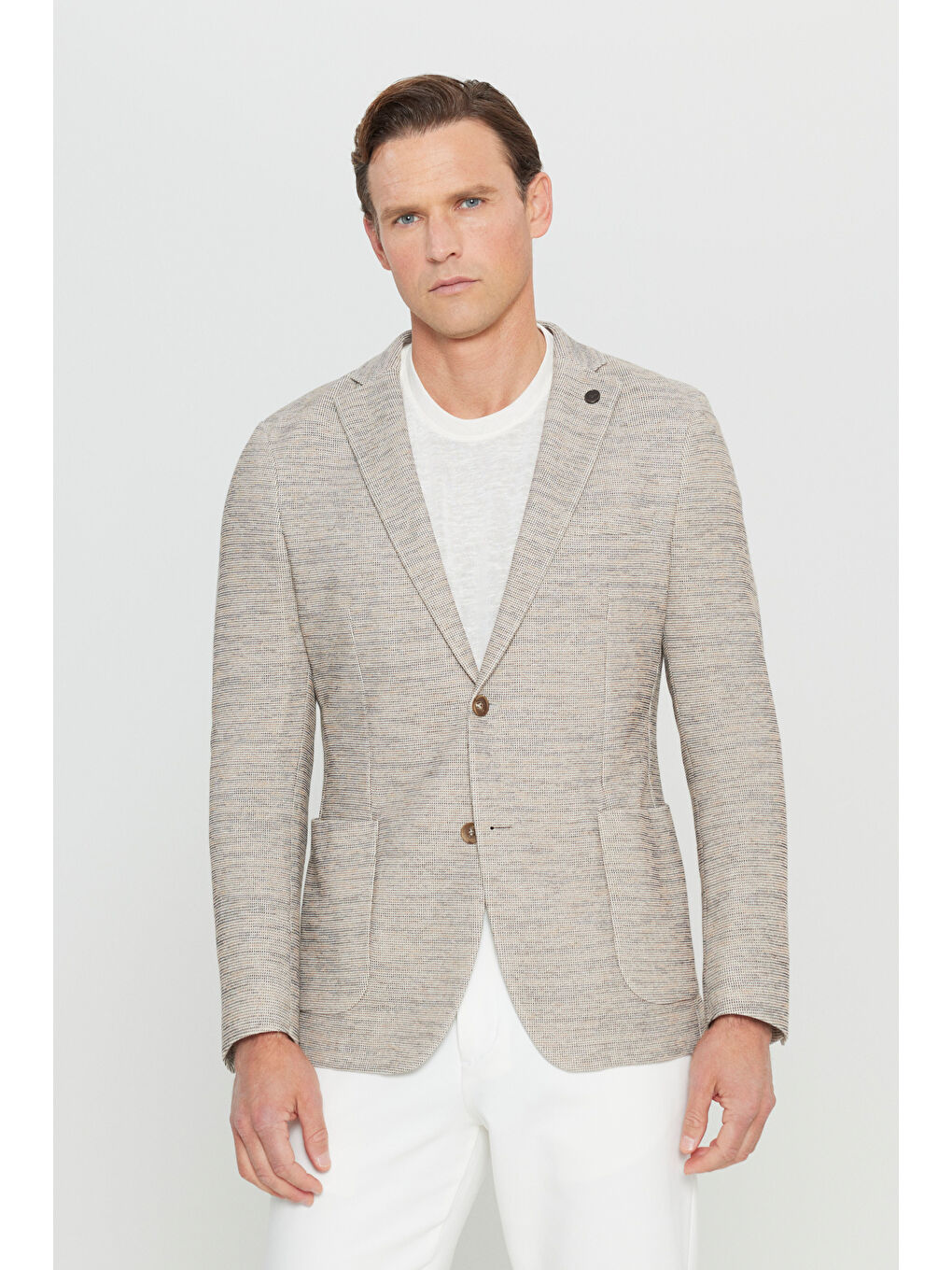 Erkek Bej Pamuklu Slim Fit Dar Kesim Mono Yaka Armürlü Torba Cepli Blazer Ceket