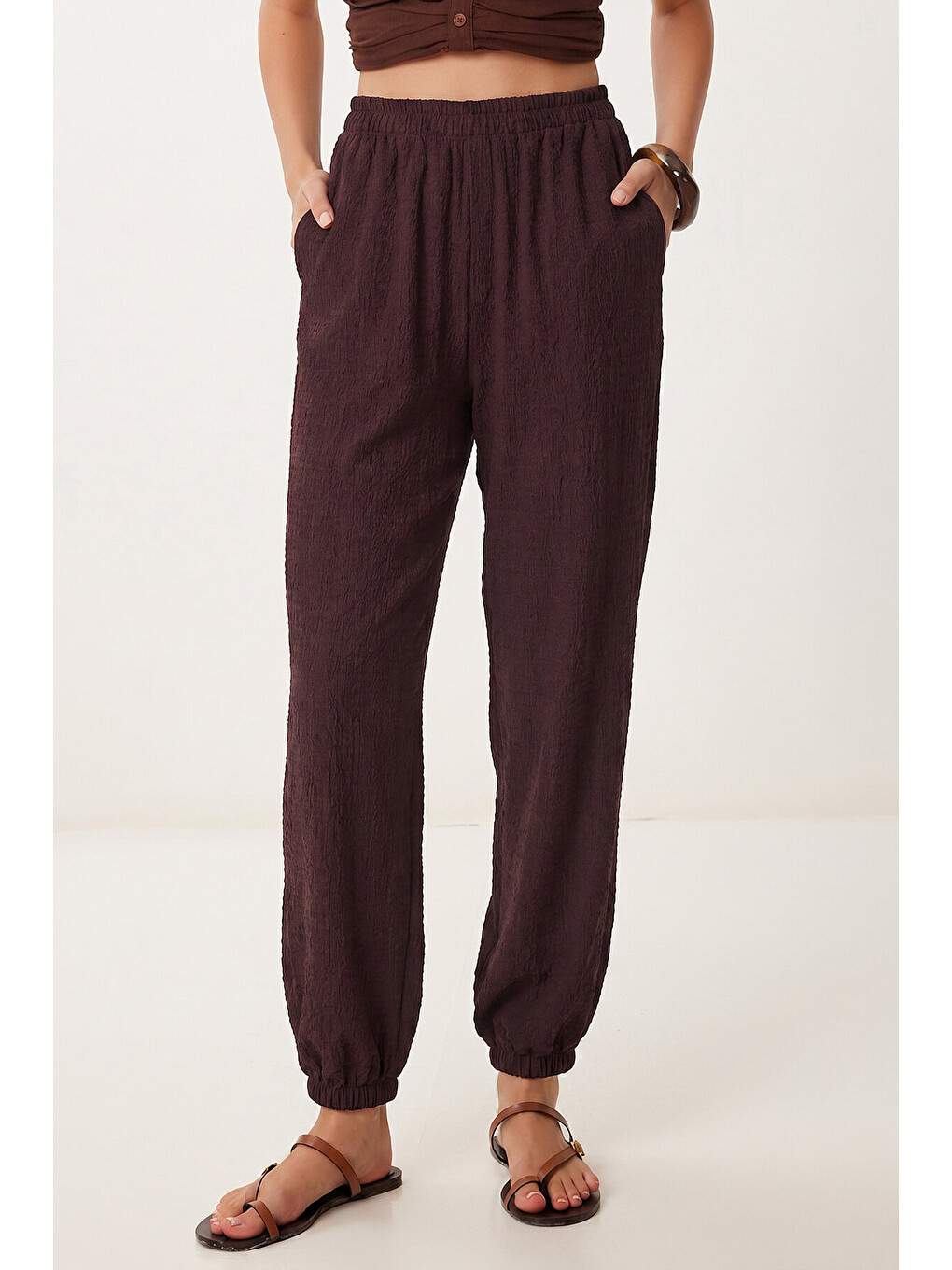 Cepli Rahat Krinkıl Şalvar Pantolon Mürdüm Lfw0024-2