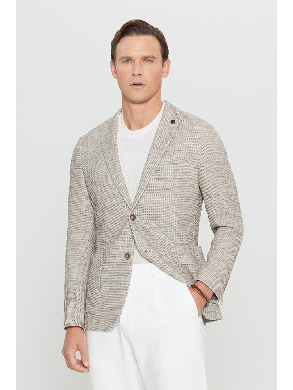 Erkek Bej Pamuklu Slim Fit Dar Kesim Mono Yaka Armürlü Torba Cepli Blazer Ceket-2