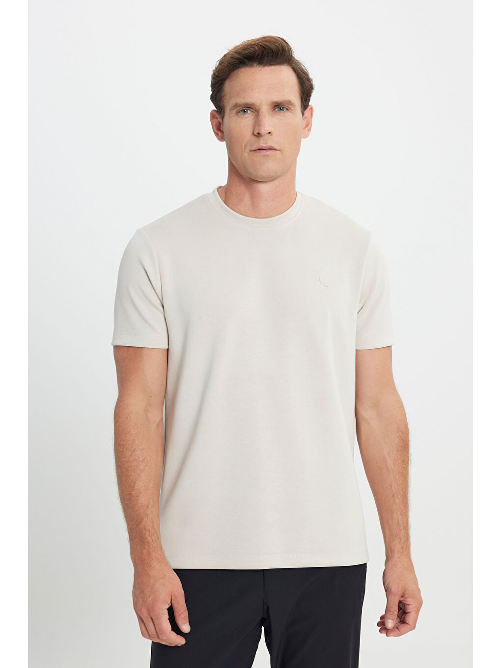 Erkek Bej Standart Fit Normal Kesim Bisiklet Yaka Esnek Tişört-2