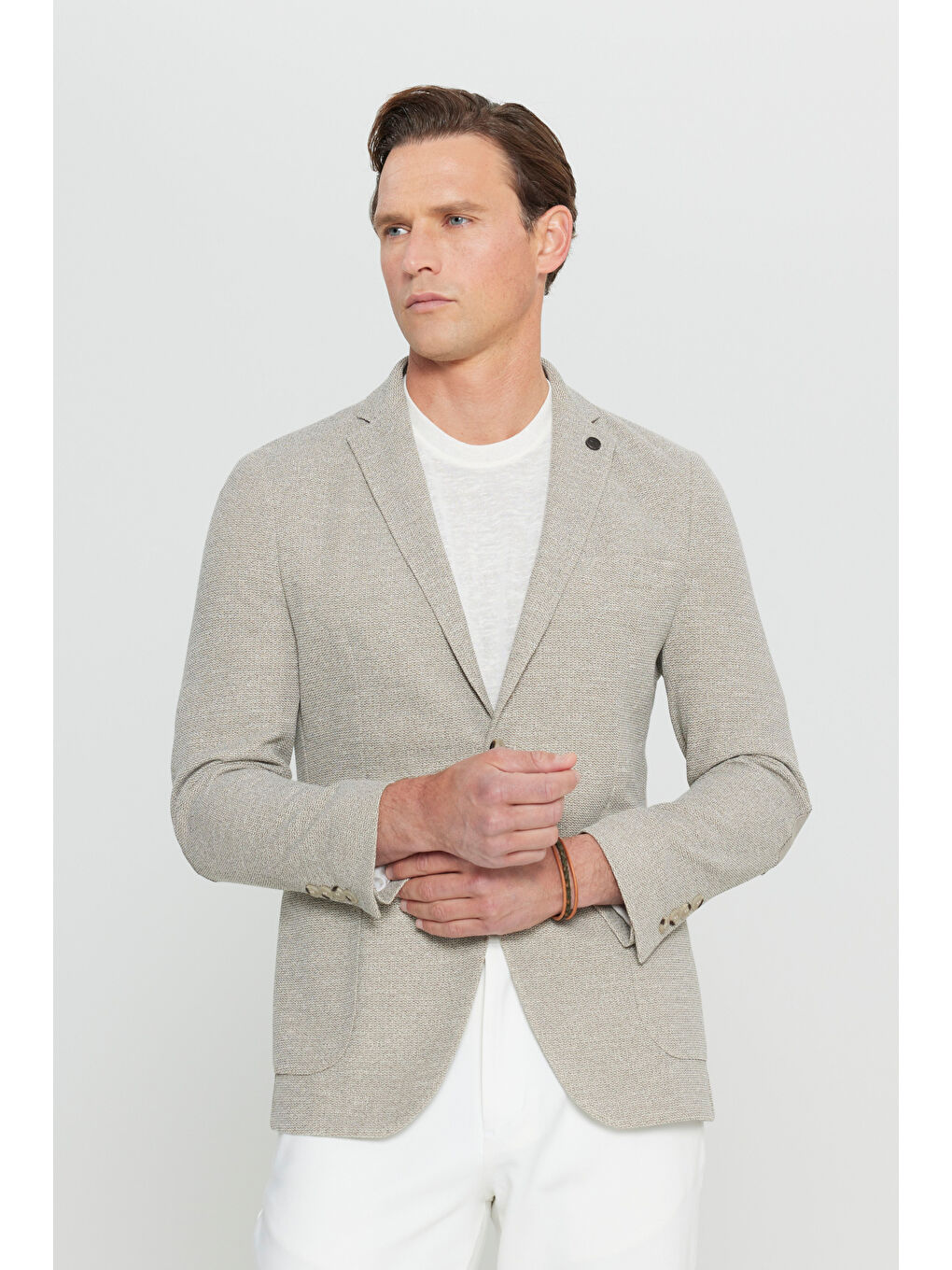 Erkek Bej Pamuklu Slim Fit Dar Kesim Mono Yaka Torba Cepli Armürlü Blazer Ceket-2