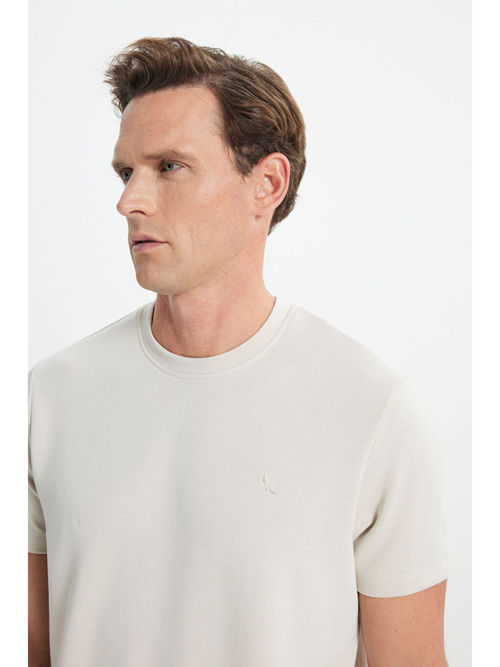 Erkek Bej Standart Fit Normal Kesim Bisiklet Yaka Esnek Tişört-3