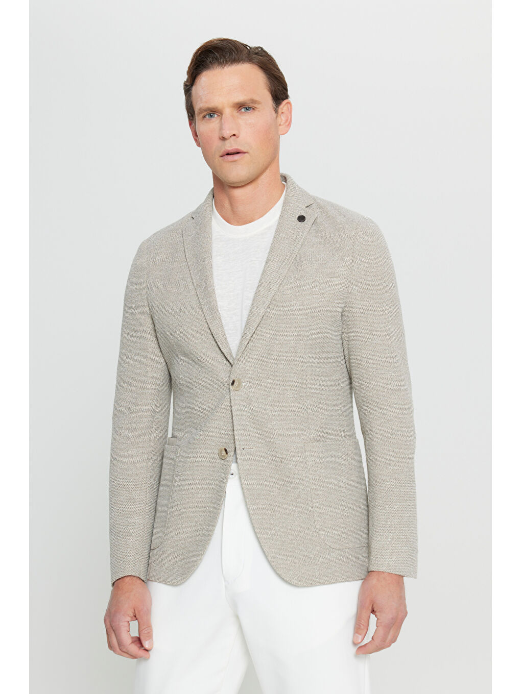 Erkek Bej Pamuklu Slim Fit Dar Kesim Mono Yaka Torba Cepli Armürlü Blazer Ceket-3