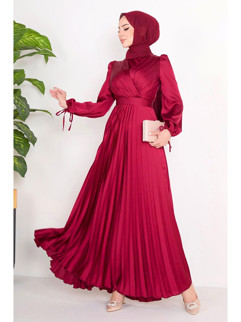 Düz Bisiklet Yaka Kadın Bordo Abiye Elbise - 23124-1