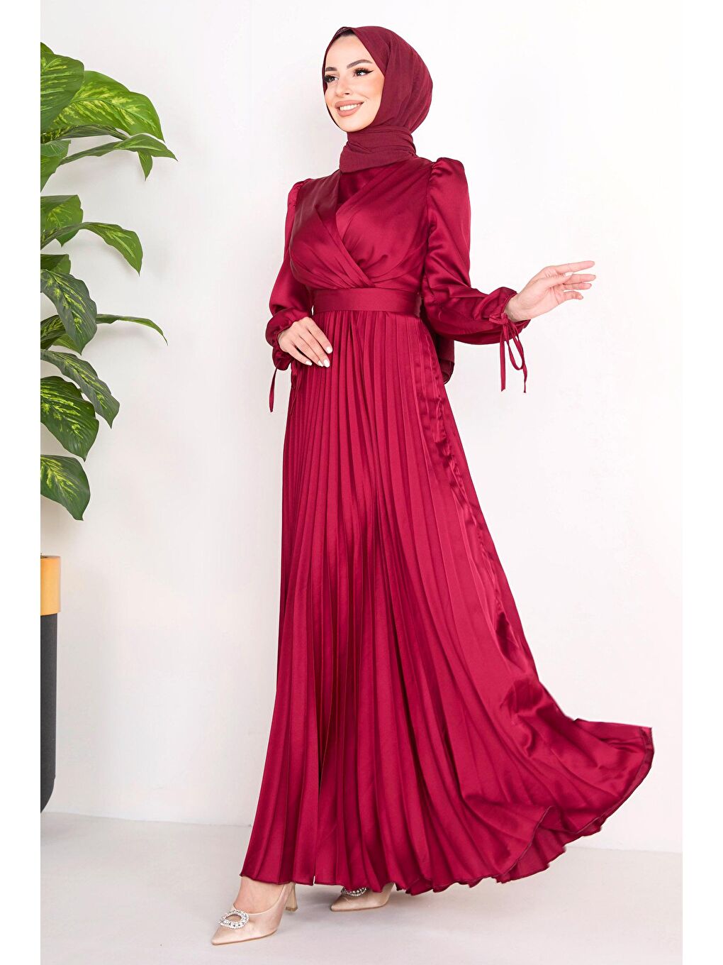 Düz Bisiklet Yaka Kadın Bordo Abiye Elbise - 23124-2