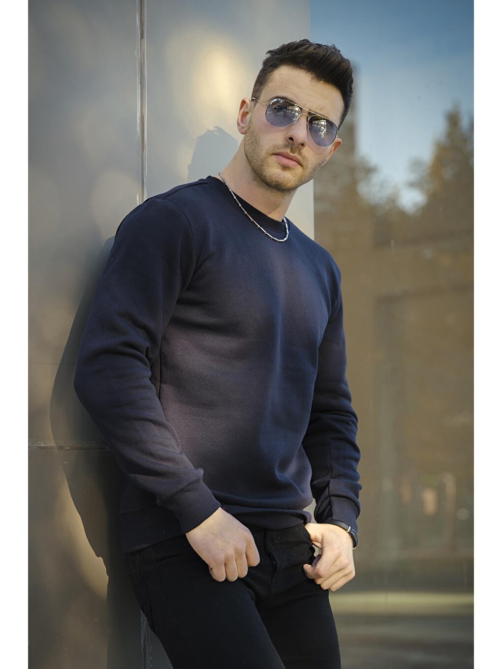 Lacivert Fitted Üç İplik Şardonlu Pamuklu Bisiklet Yaka Sweatshirt