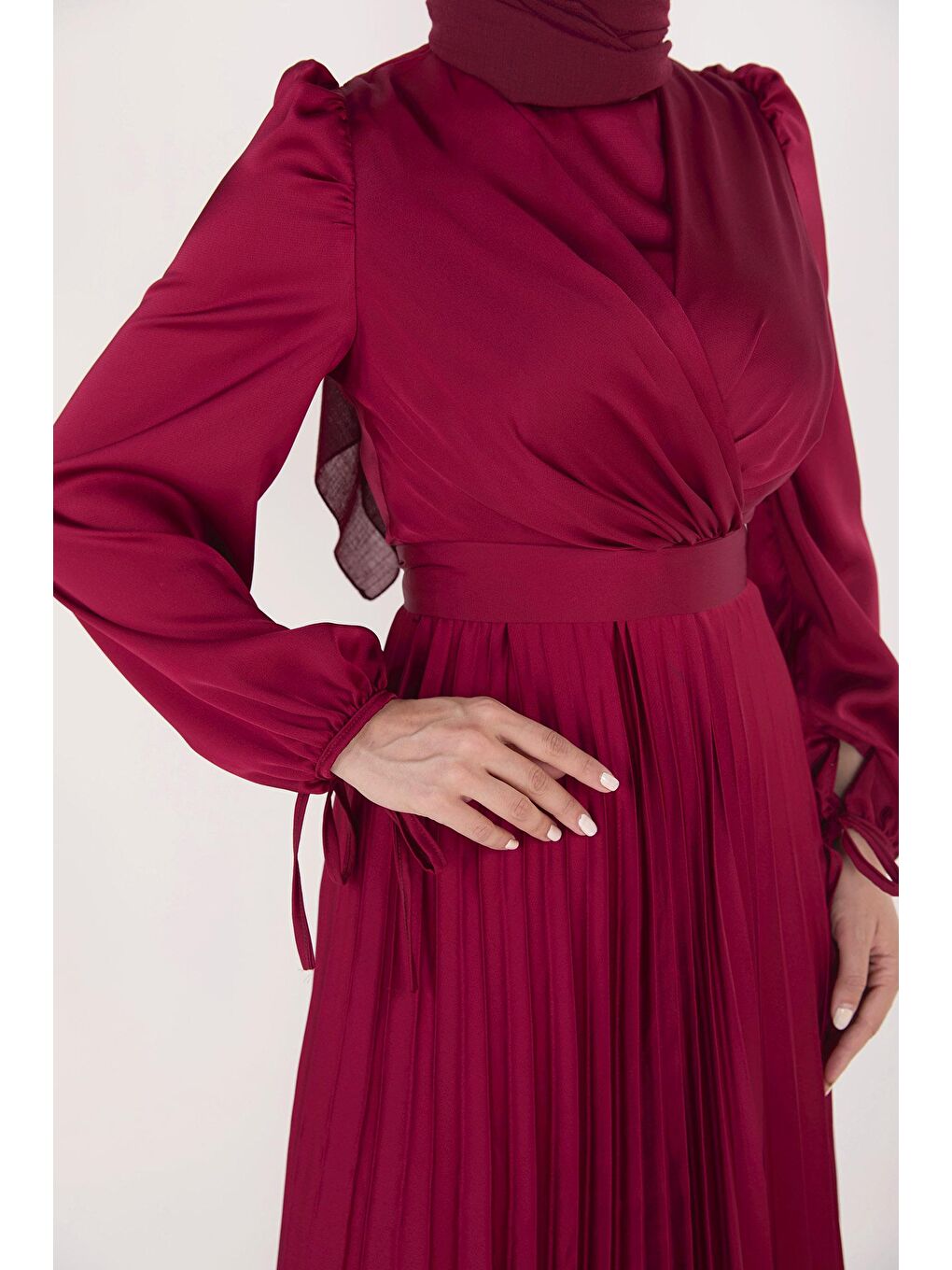Düz Bisiklet Yaka Kadın Bordo Abiye Elbise - 23124-3
