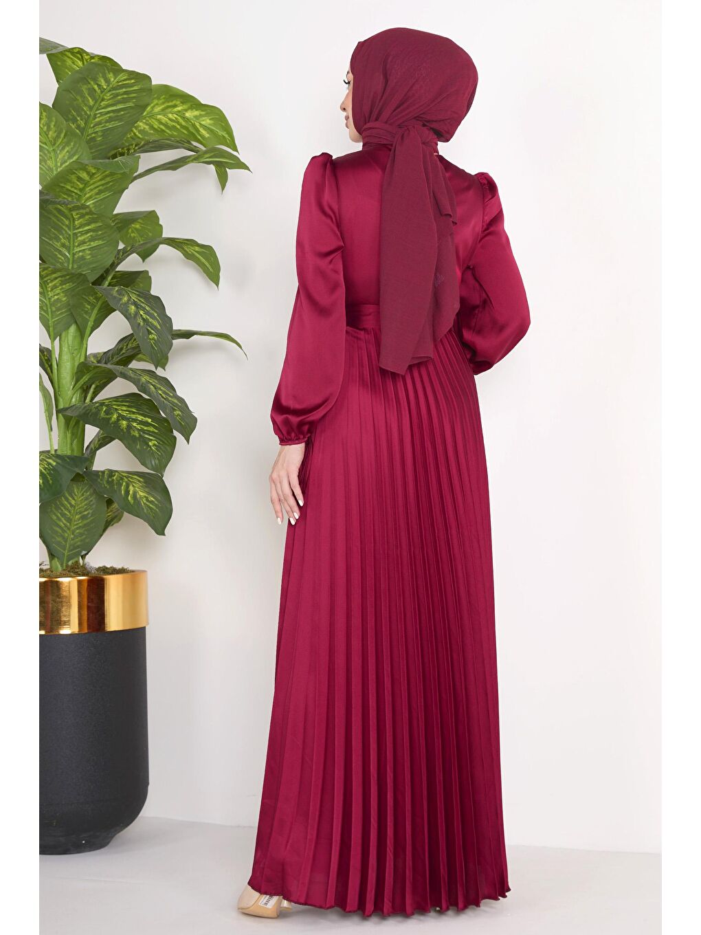 Düz Bisiklet Yaka Kadın Bordo Abiye Elbise - 23124-4