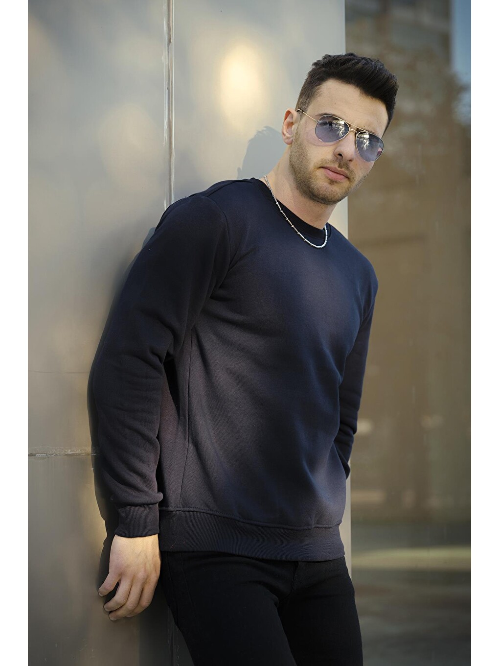 Lacivert Fitted Üç İplik Şardonlu Pamuklu Bisiklet Yaka Sweatshirt-1