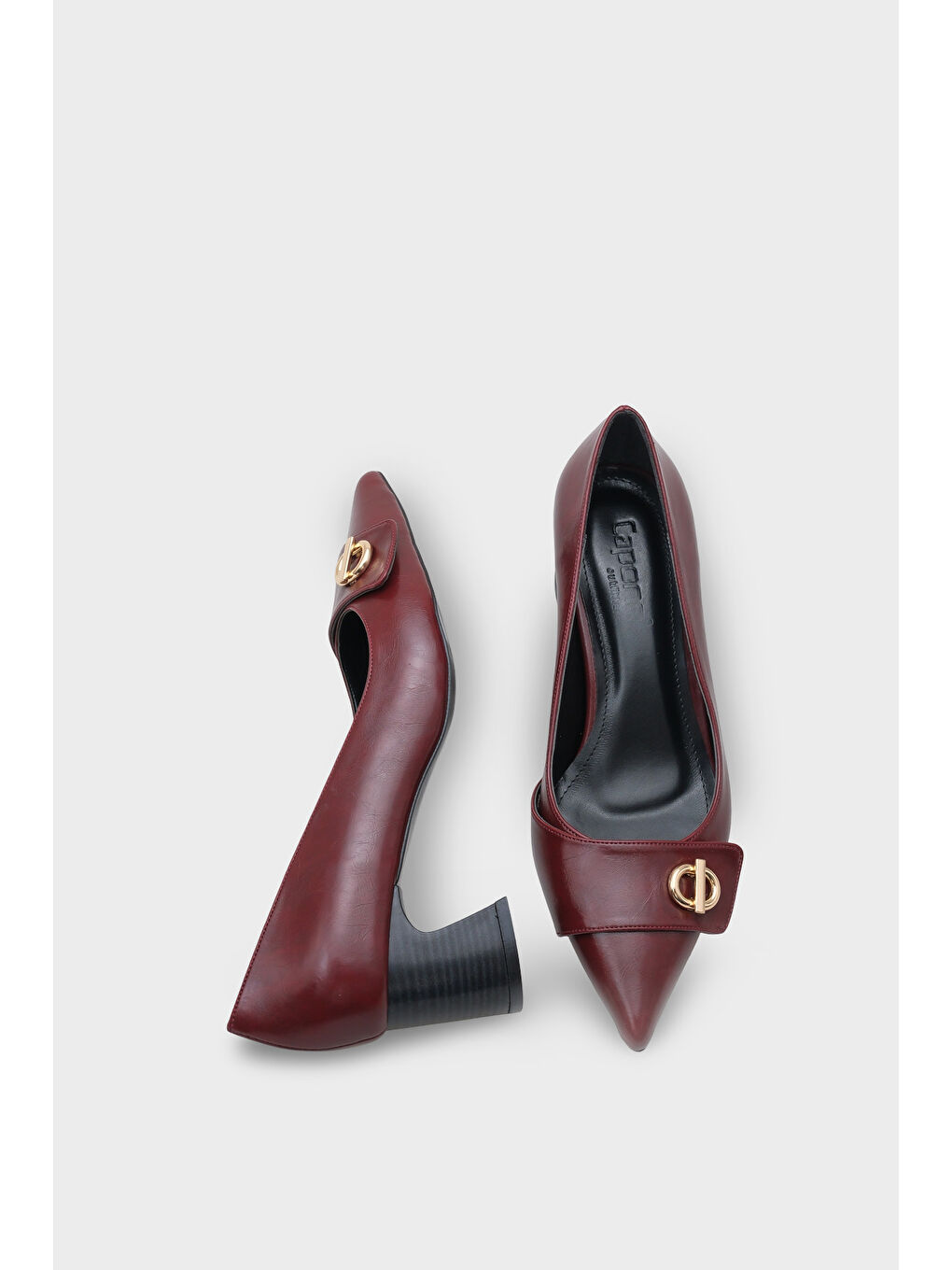 Bordo April Ahşap Orta Boy Topuklu Metal Tokalı Sivri Burunlu Kadın Ayakkabı-4