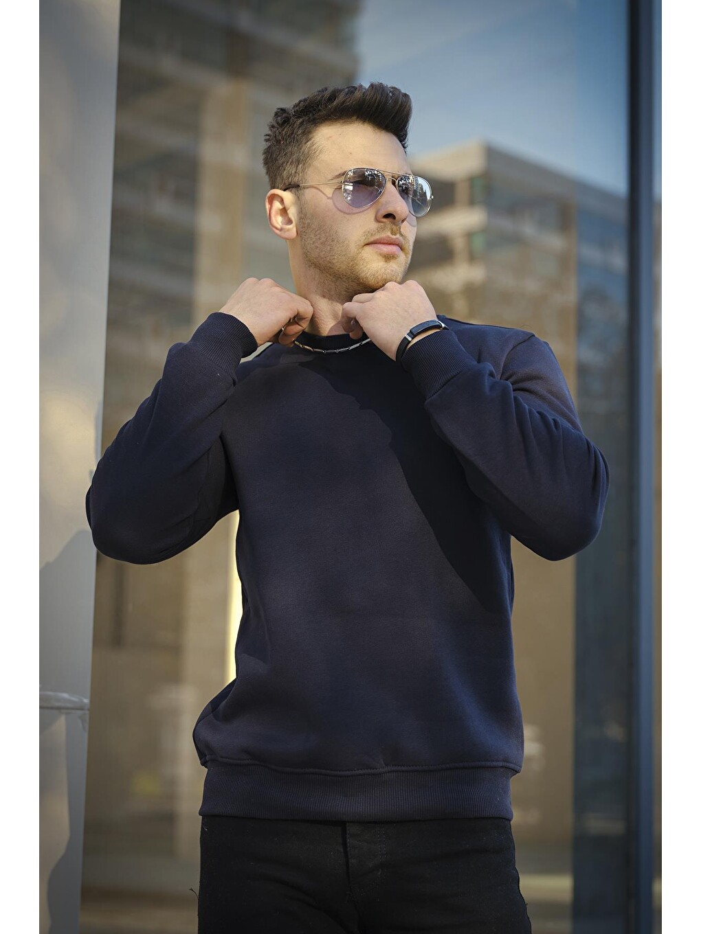 Lacivert Fitted Üç İplik Şardonlu Pamuklu Bisiklet Yaka Sweatshirt-2
