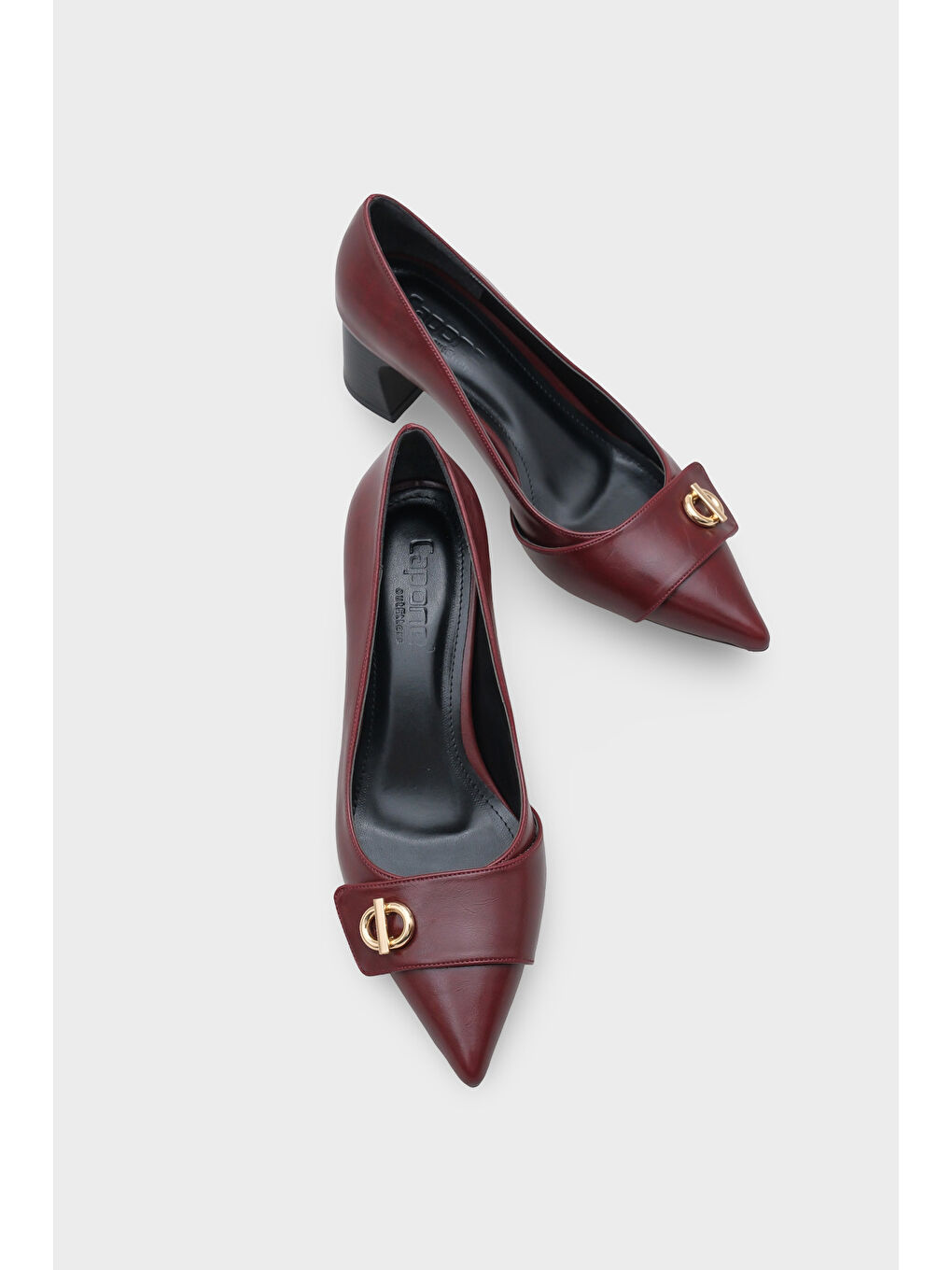 Bordo April Ahşap Orta Boy Topuklu Metal Tokalı Sivri Burunlu Kadın Ayakkabı-5