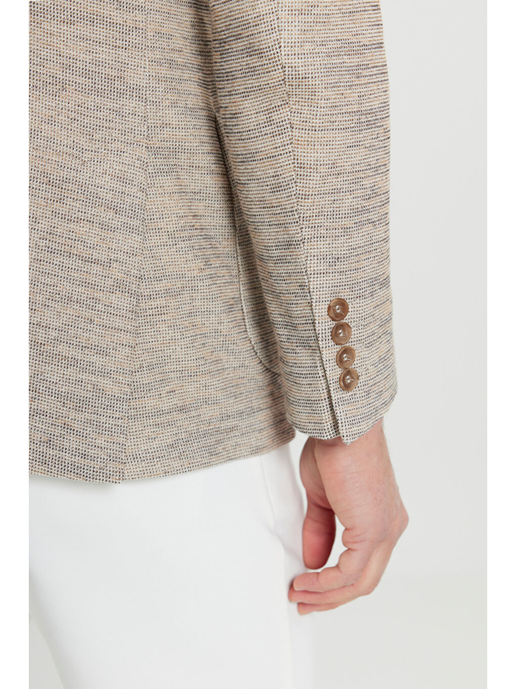 Erkek Bej Pamuklu Slim Fit Dar Kesim Mono Yaka Armürlü Torba Cepli Blazer Ceket-5