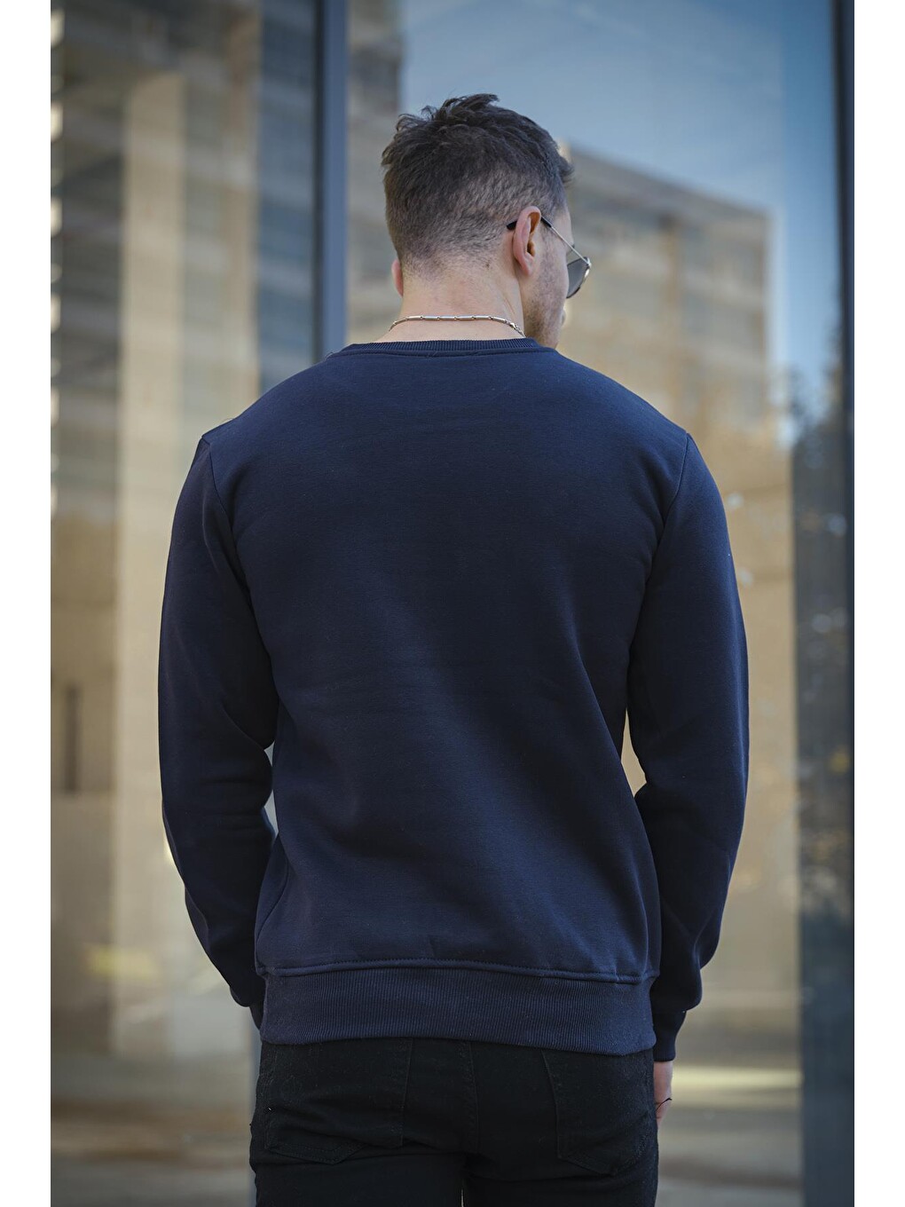 Lacivert Fitted Üç İplik Şardonlu Pamuklu Bisiklet Yaka Sweatshirt-3