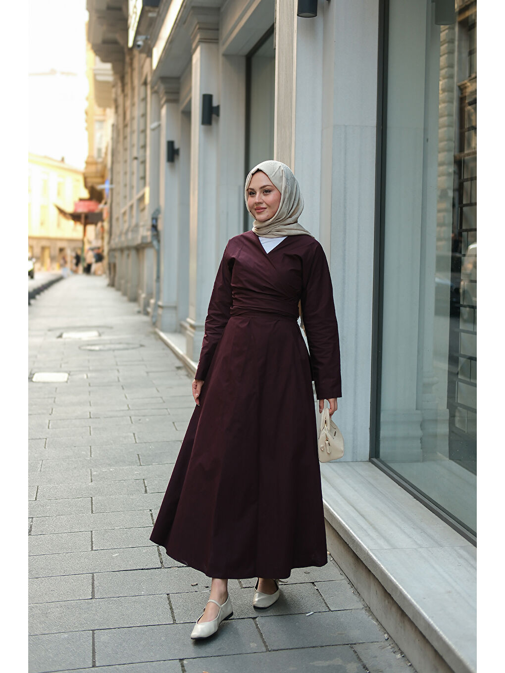 Kadın Kendinden Bağlamalı Poplin Elbise Mürdüm-1