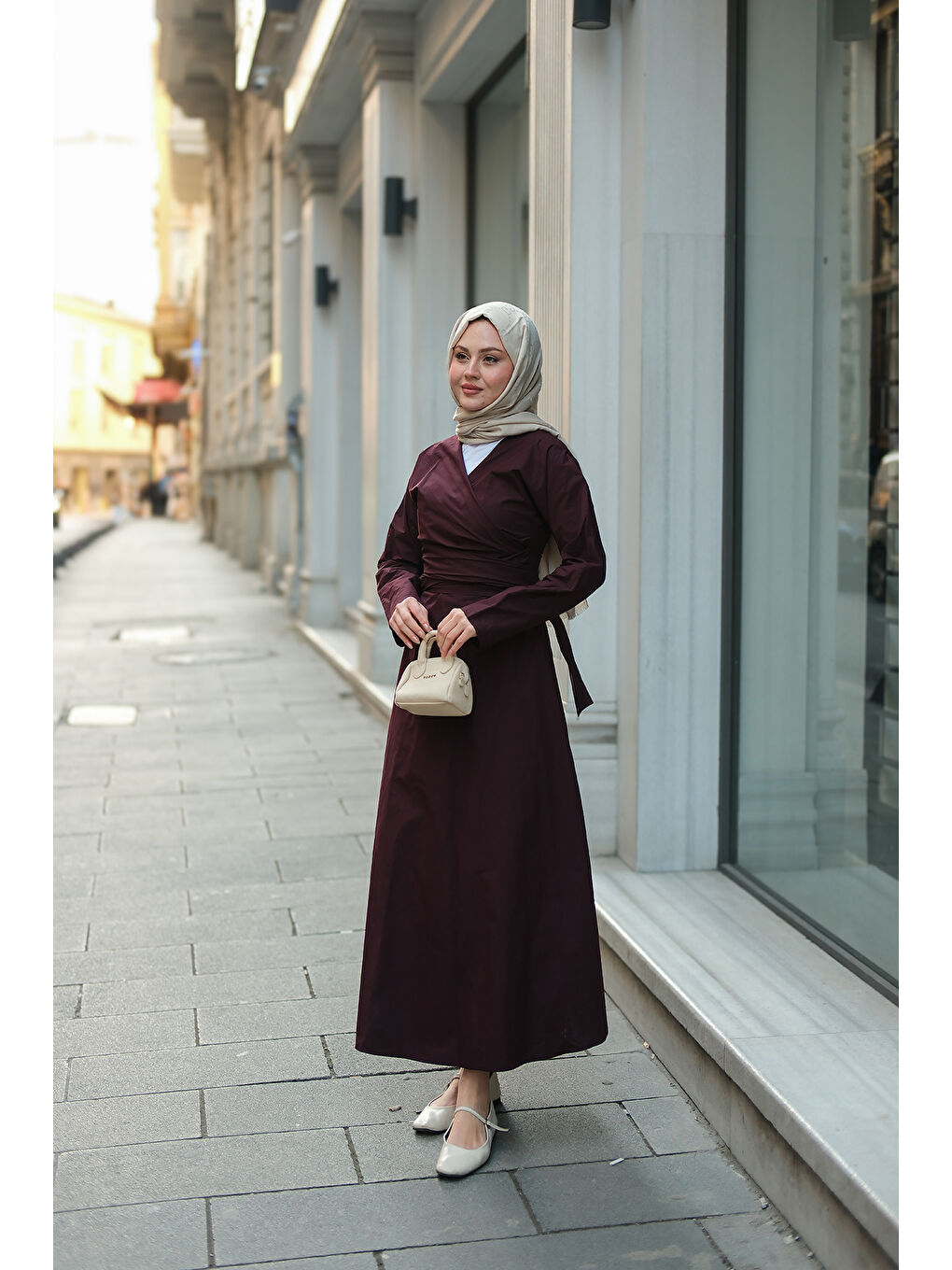 Kadın Kendinden Bağlamalı Poplin Elbise Mürdüm-2