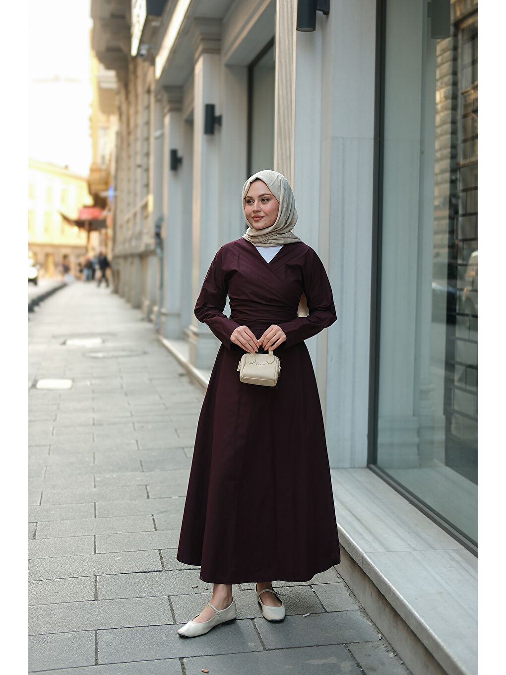 Kadın Kendinden Bağlamalı Poplin Elbise Mürdüm-3