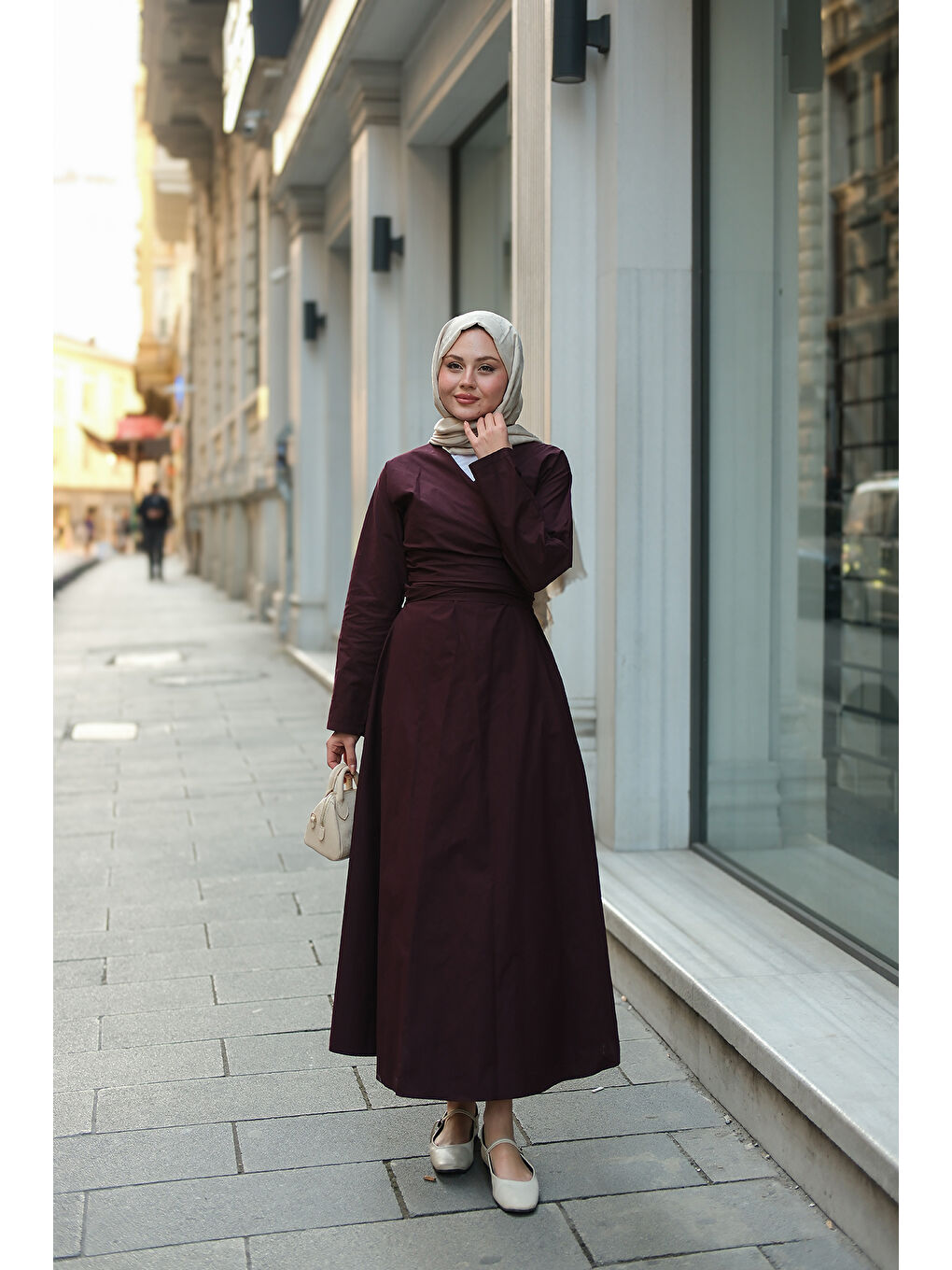 Kadın Kendinden Bağlamalı Poplin Elbise Mürdüm-4