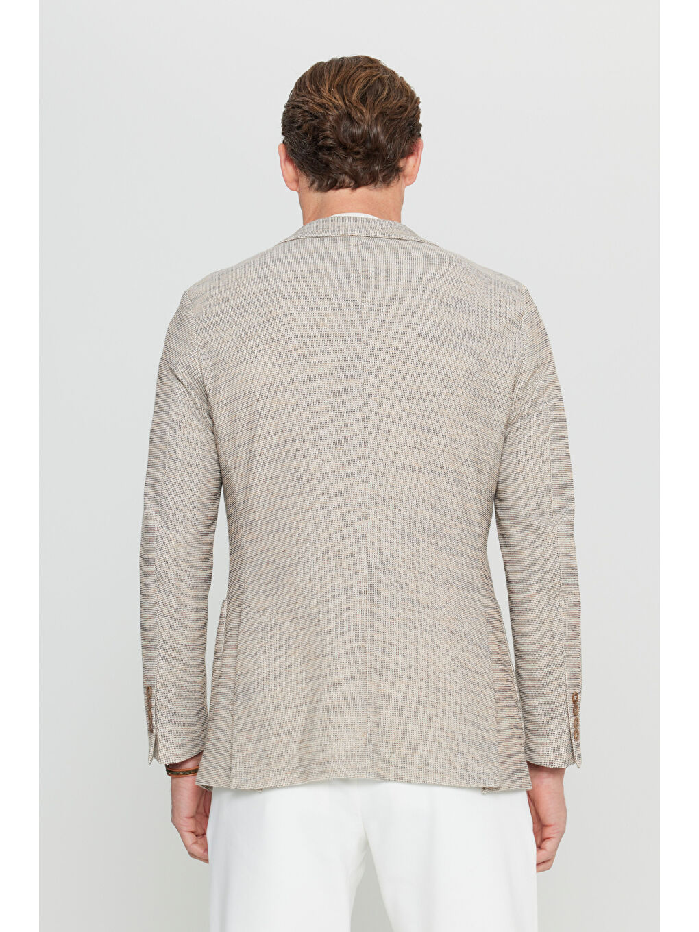 Erkek Bej Pamuklu Slim Fit Dar Kesim Mono Yaka Armürlü Torba Cepli Blazer Ceket-6