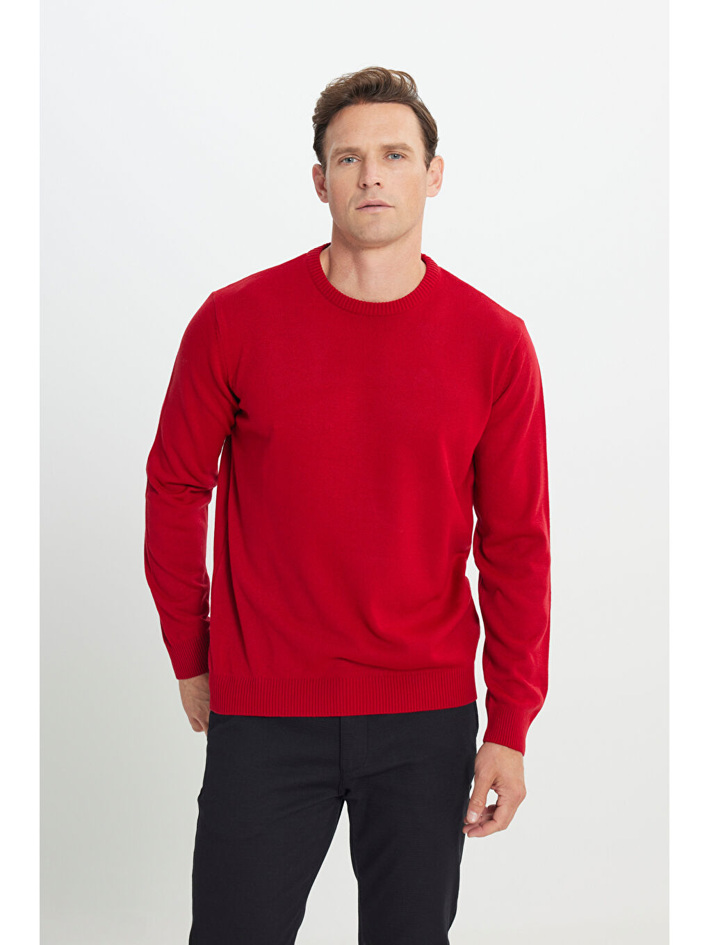 Erkek Kırmızı Anti-Pilling Tüylenme Yapmayan Standart Fit Normal Kesim Bisiklet Yaka Triko Kazak-2