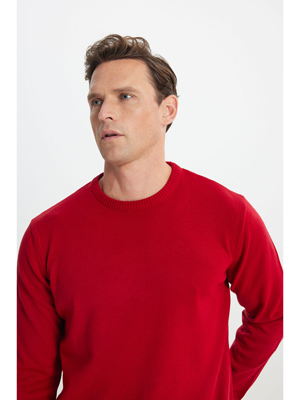 Erkek Kırmızı Anti-Pilling Tüylenme Yapmayan Standart Fit Normal Kesim Bisiklet Yaka Triko Kazak-3