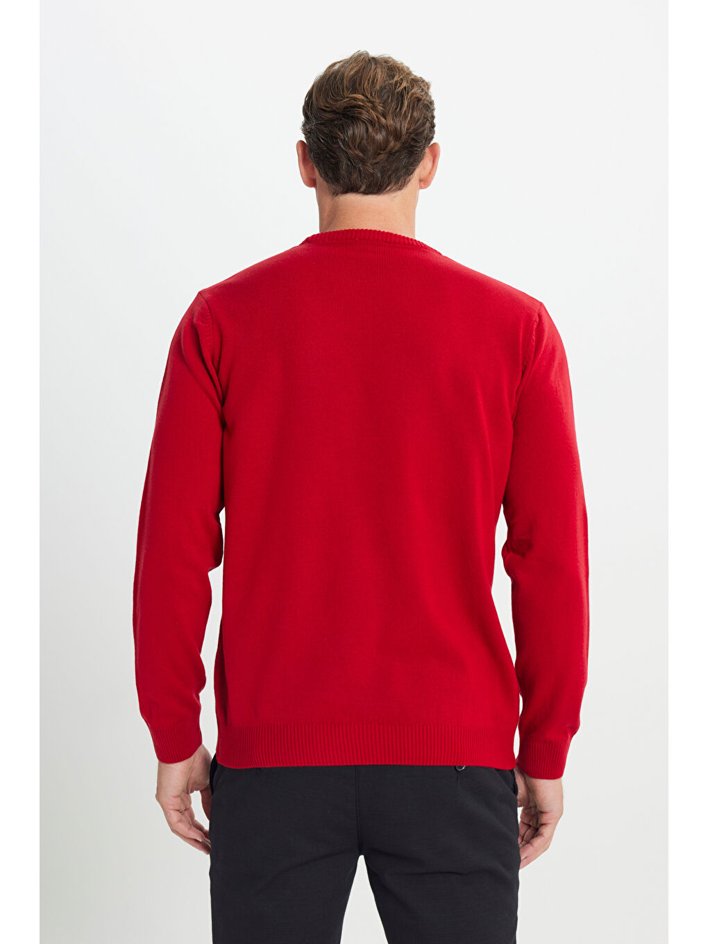 Erkek Kırmızı Anti-Pilling Tüylenme Yapmayan Standart Fit Normal Kesim Bisiklet Yaka Triko Kazak-4