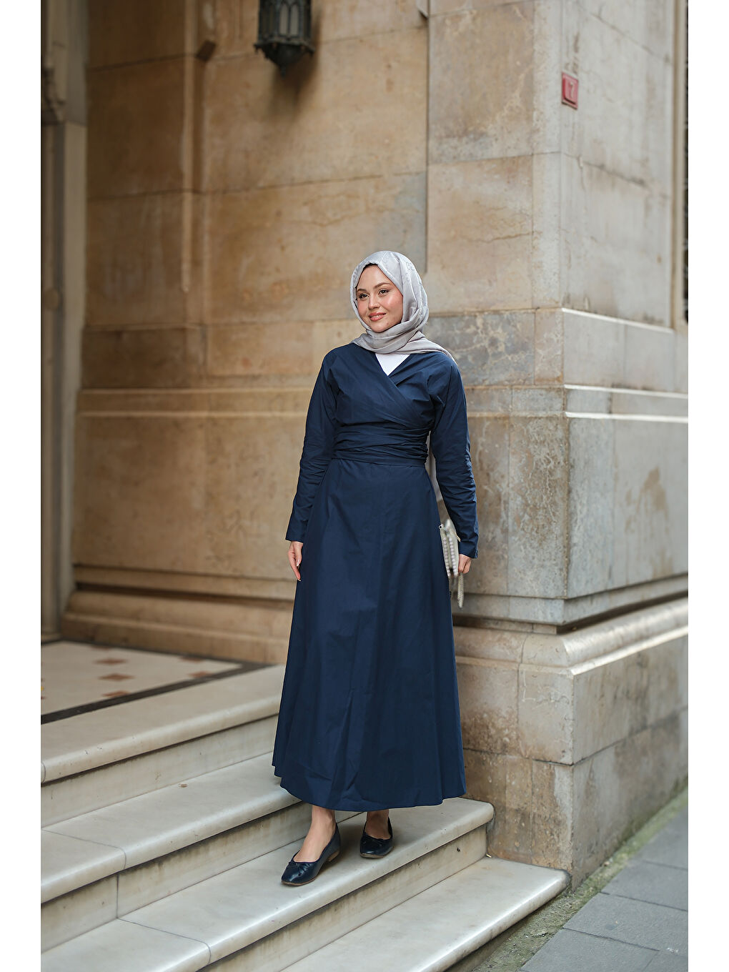 Kadın Kendinden Bağlamalı Poplin Elbise Lacivert-1