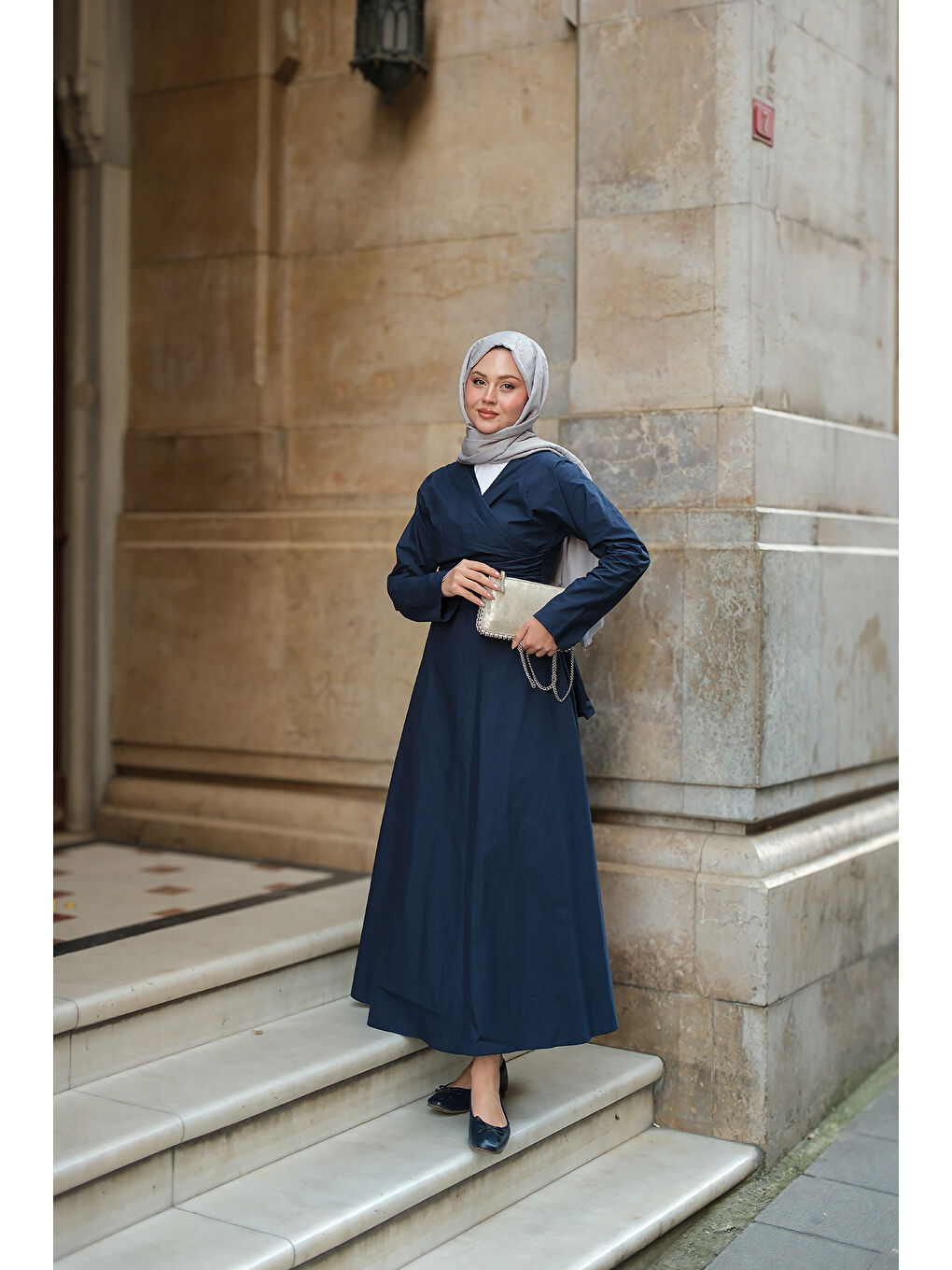 Kadın Kendinden Bağlamalı Poplin Elbise Lacivert-2