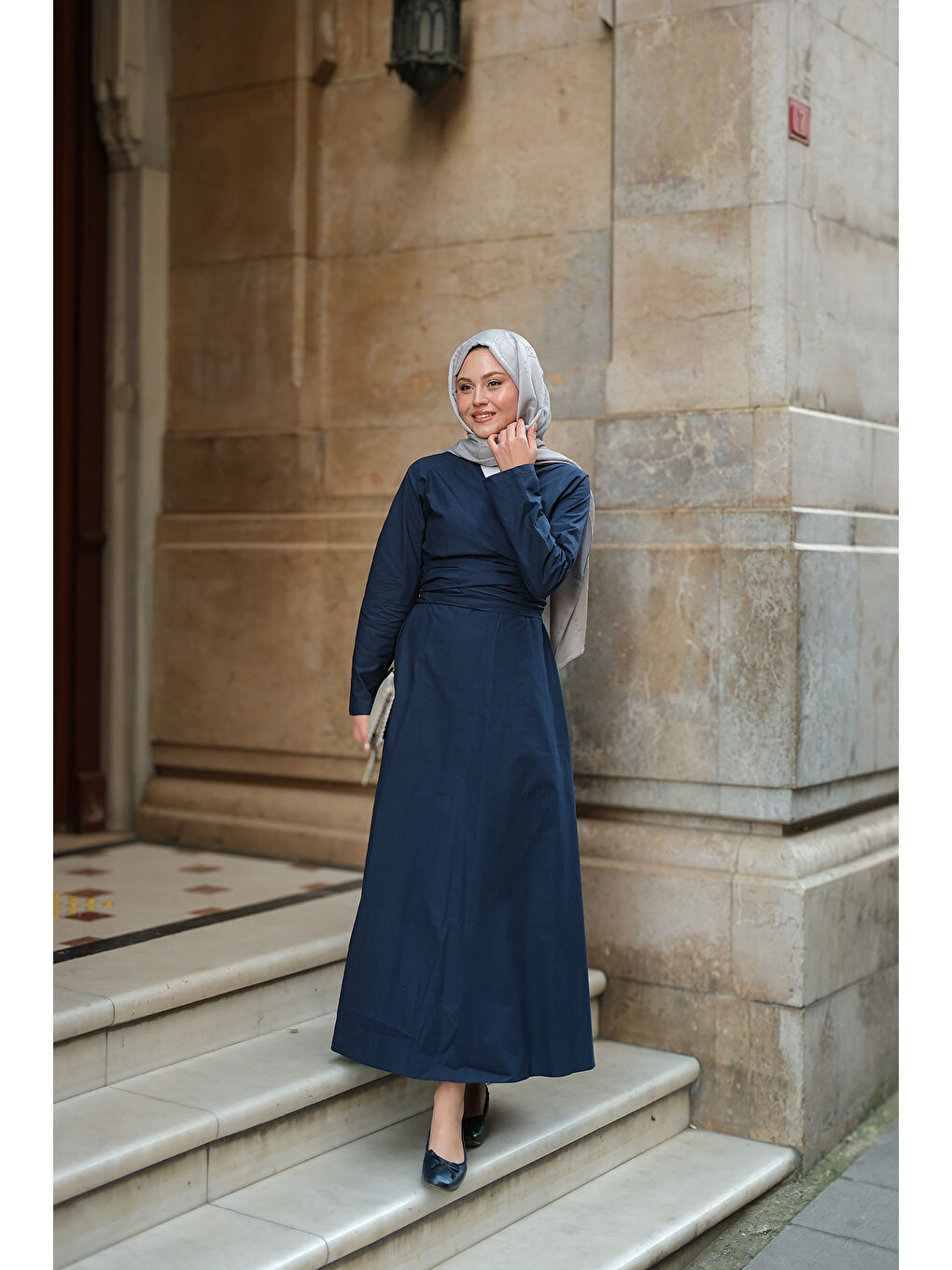 Kadın Kendinden Bağlamalı Poplin Elbise Lacivert-3