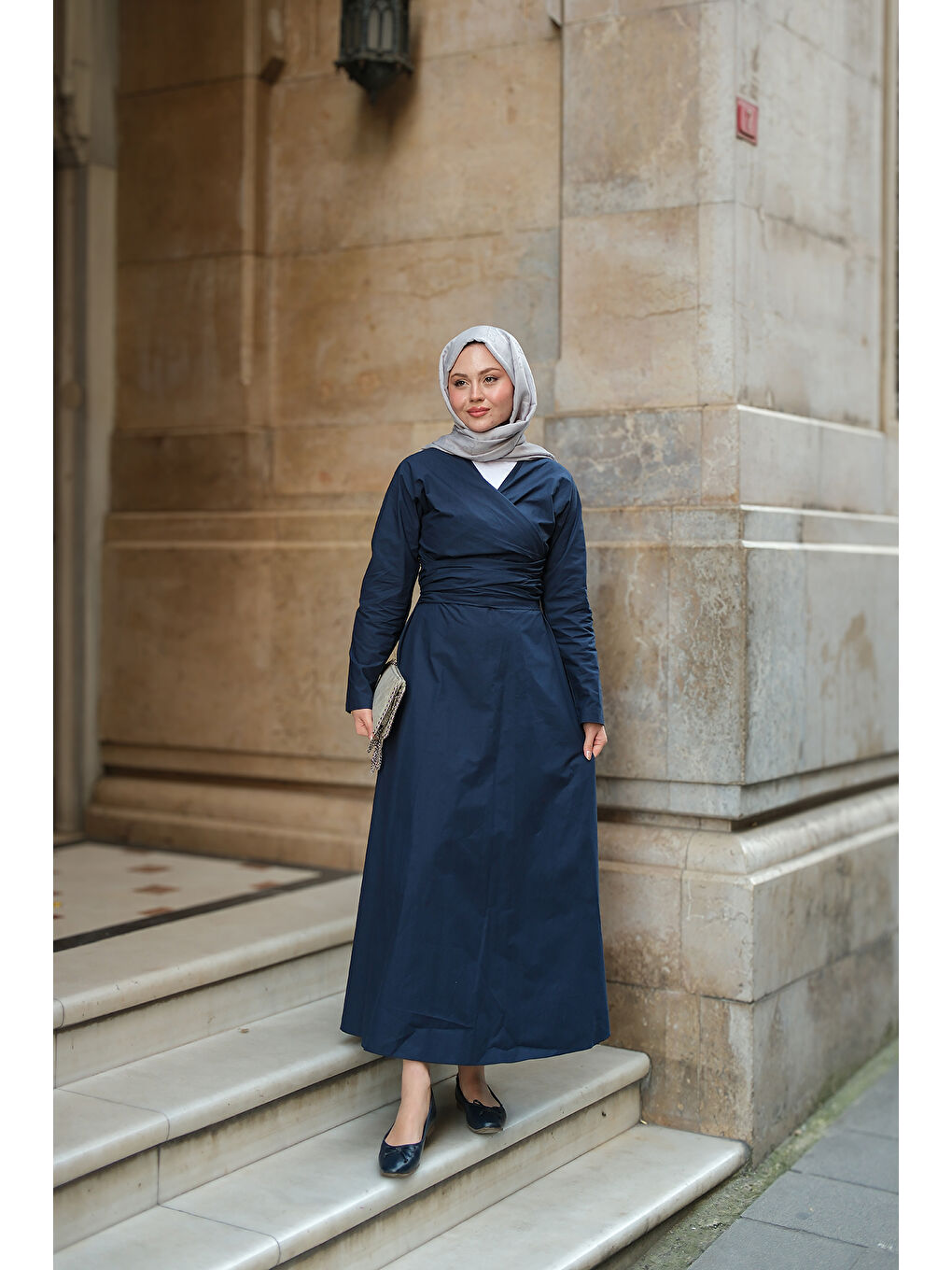 Kadın Kendinden Bağlamalı Poplin Elbise Lacivert-4