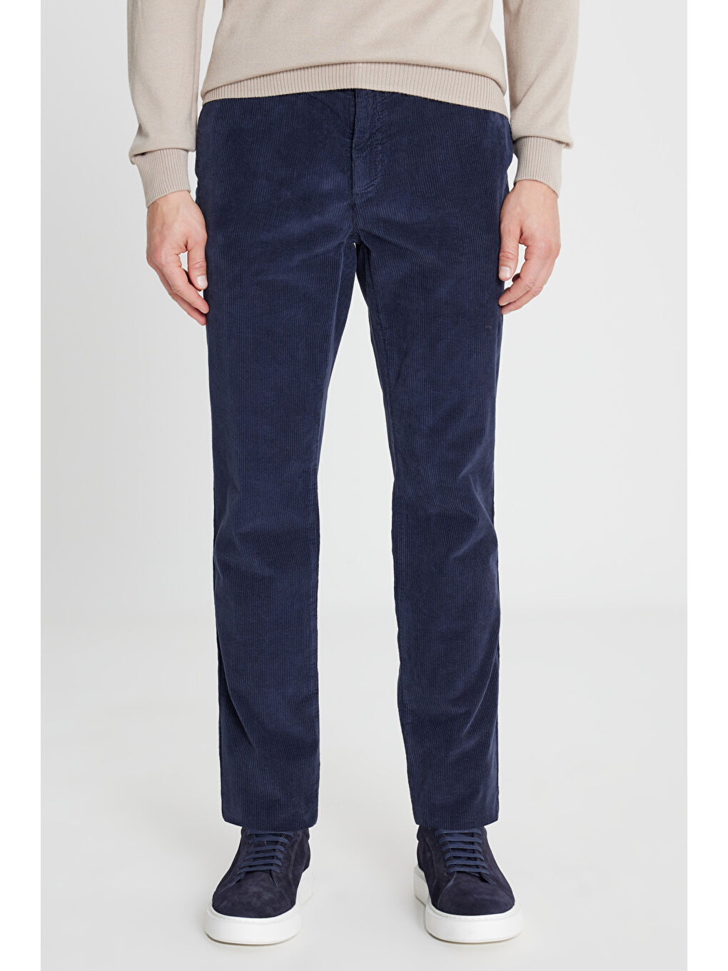 Erkek Lacivert Pamuklu Slim Fit Dar Kesim Yan Cep Kadife Esnek Casual Pantolon