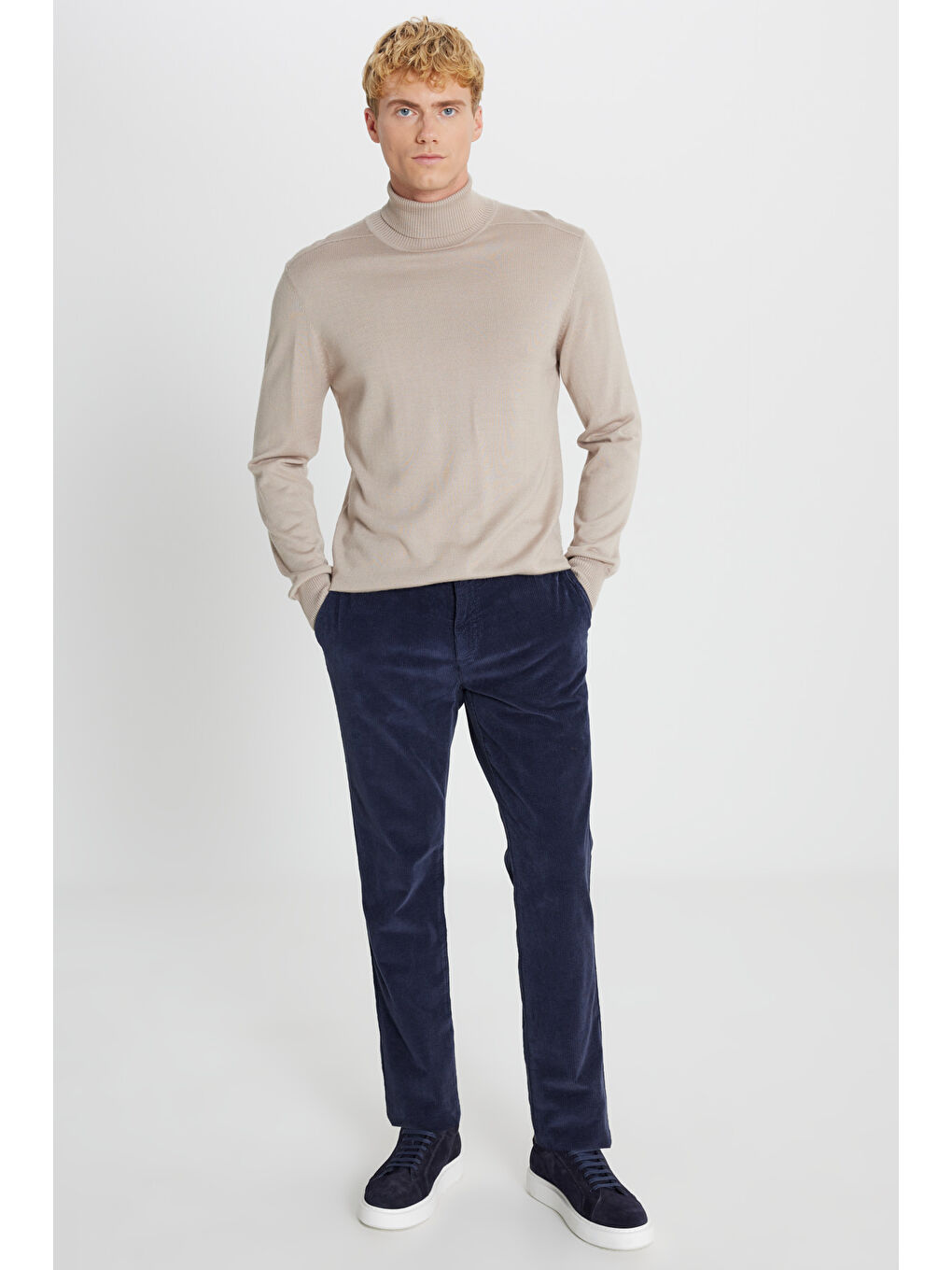 Erkek Lacivert Pamuklu Slim Fit Dar Kesim Yan Cep Kadife Esnek Casual Pantolon-1