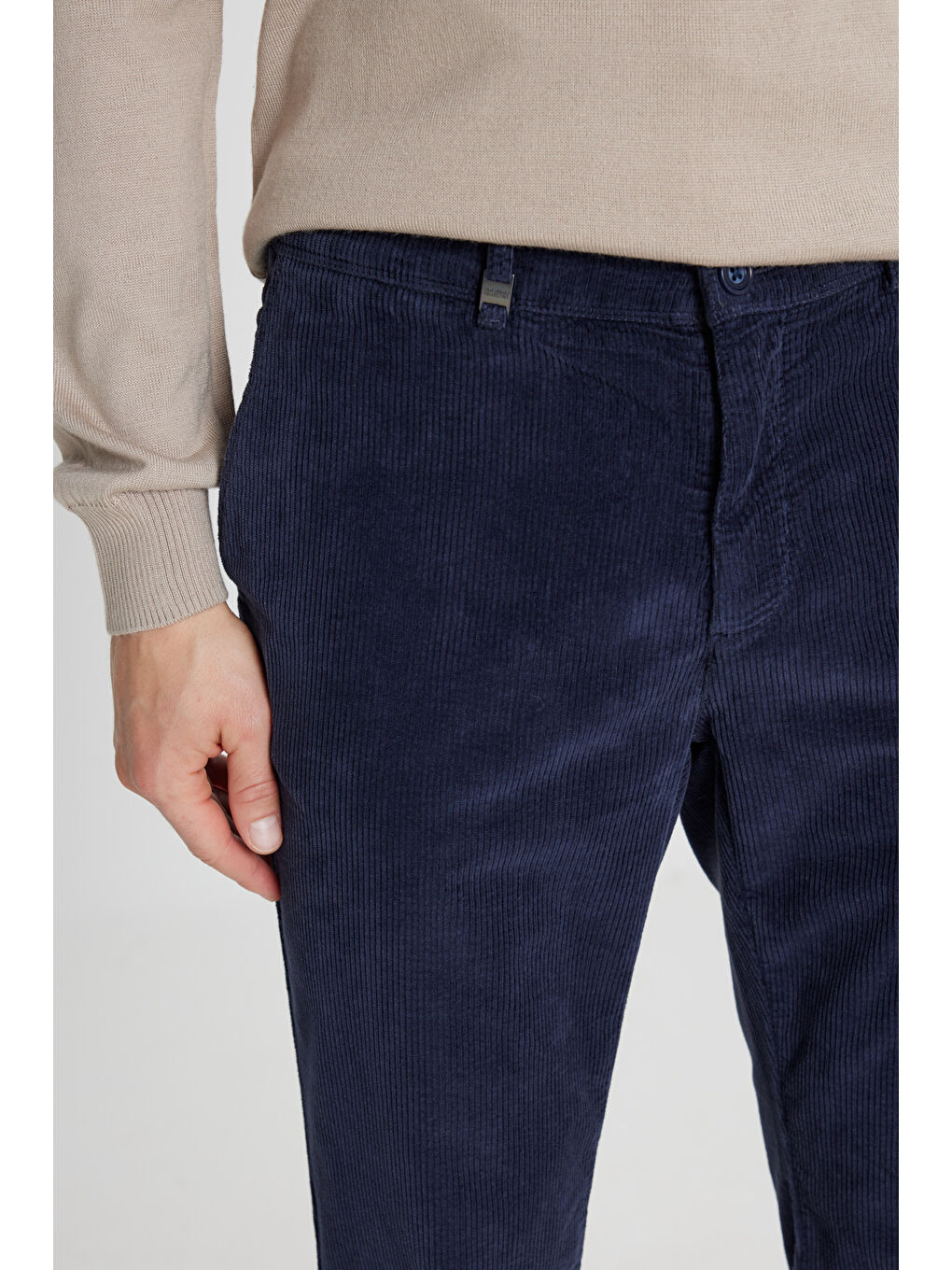 Erkek Lacivert Pamuklu Slim Fit Dar Kesim Yan Cep Kadife Esnek Casual Pantolon-3
