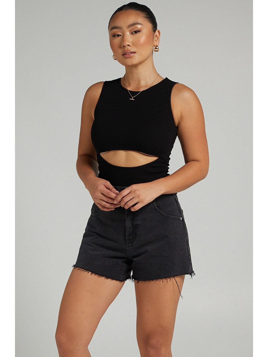 Siyah Yırtık Detaylı Basic Bodysuit-2