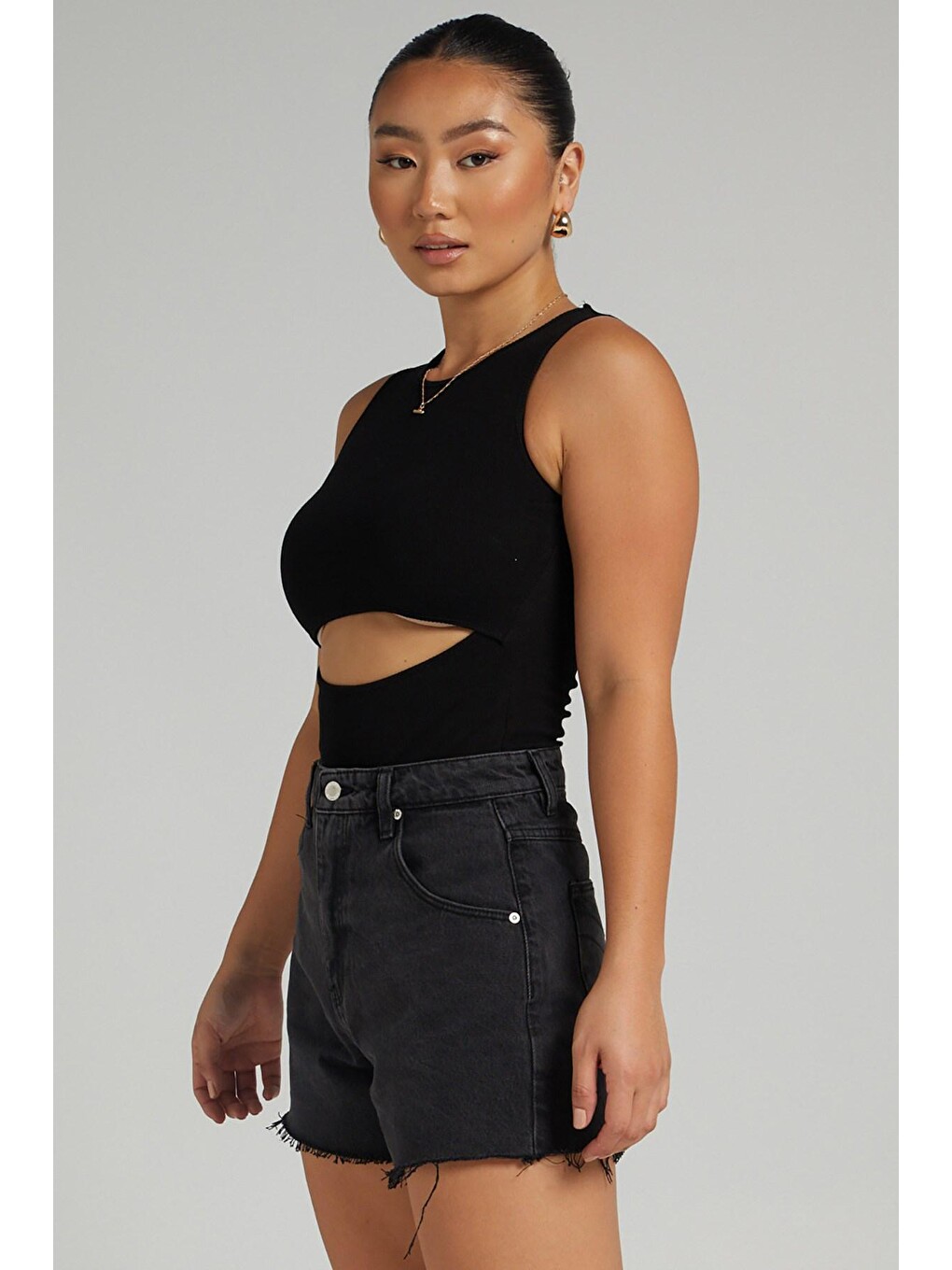 Siyah Yırtık Detaylı Basic Bodysuit-4