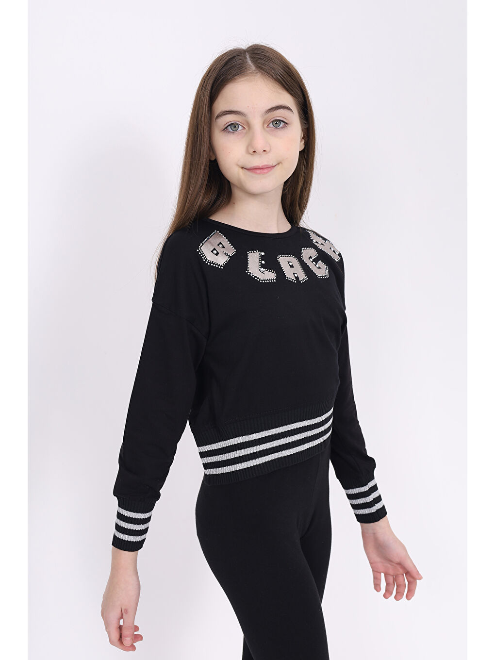 Toontoykids Siyah Kız Çocuk Sweatshirt Black Varak Baskılı - 2