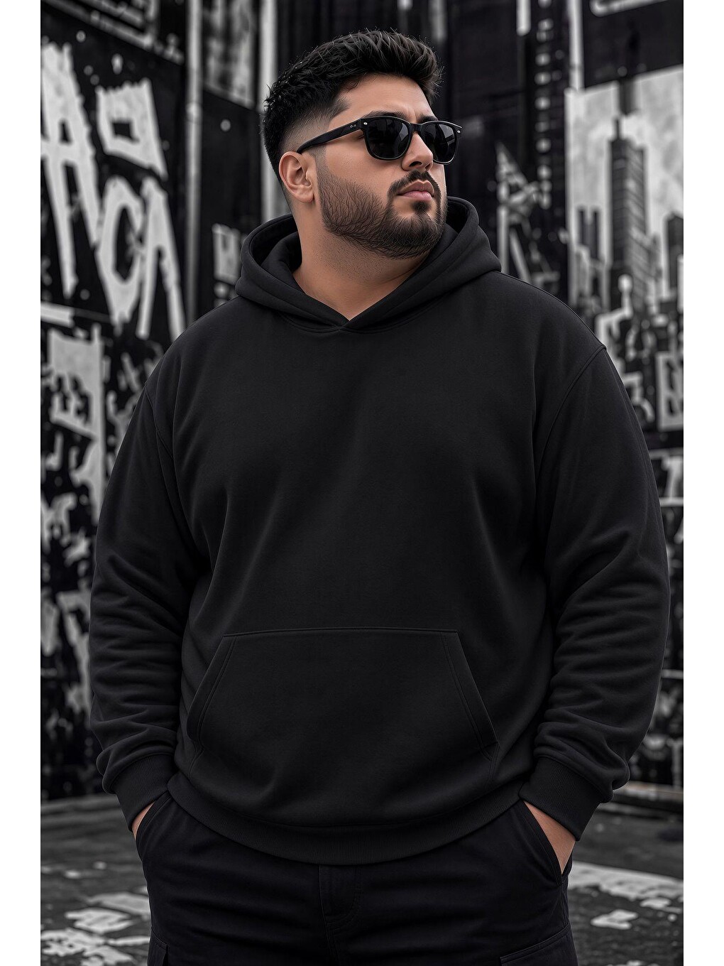 Siyah Bery Büyük Beden Erkek Kapüşonlu Basic Sweatshirt İki İplik Şardonlu Kanguru Cepli